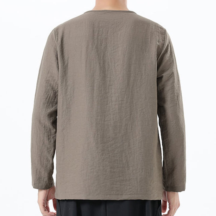 Koszula męska z długim rękawem i okrągłym kołnierzykiem Buddha Stones z bawełny i lnu - image 2