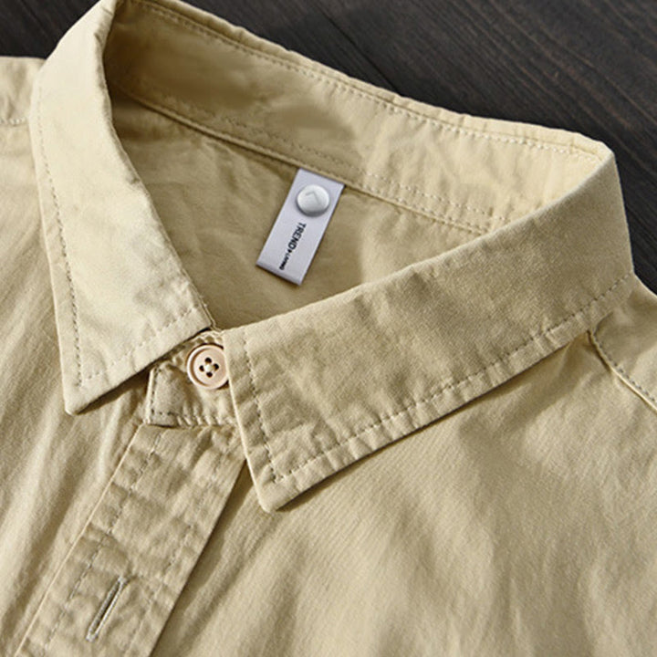 Koszula męska z długim rękawem i kołnierzykiem Buddha Stones” z kieszenią, w jednolitym kolorze, z bawełny - image 3