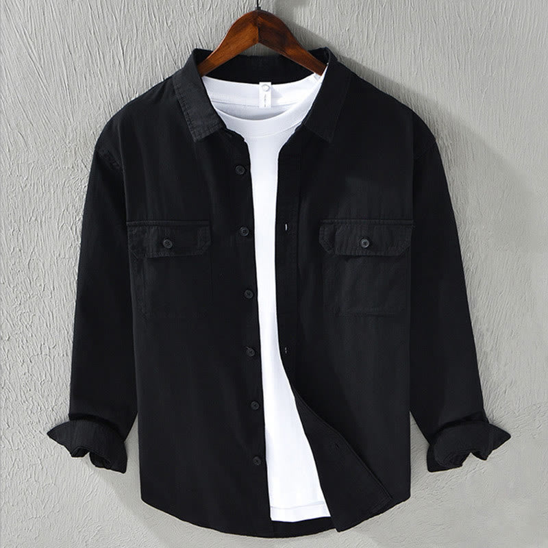 Koszula męska z długim rękawem i kołnierzykiem Buddha Stones” z kieszenią, w jednolitym kolorze, z bawełny - Czarny - US/UK/AU46， EU56 (5XL) - image 15