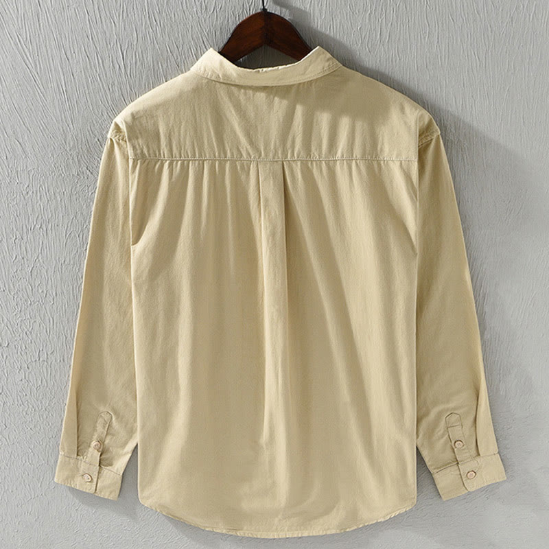 Koszula męska z długim rękawem i kołnierzykiem Buddha Stones” z kieszenią, w jednolitym kolorze, z bawełny - image 2