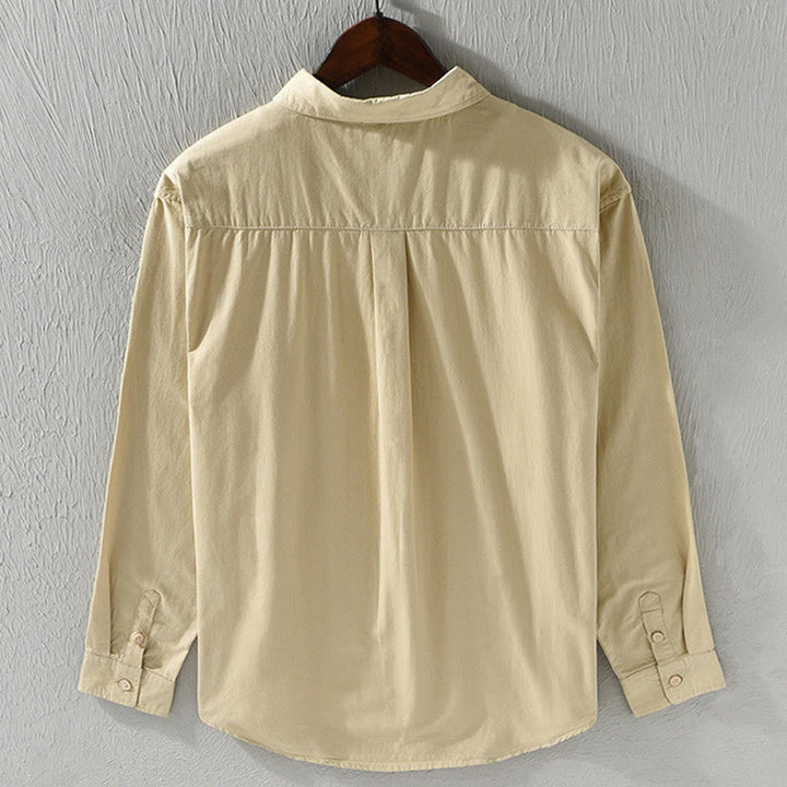 Koszula męska z długim rękawem i kołnierzykiem Buddha Stones” z kieszenią, w jednolitym kolorze, z bawełny - image 2