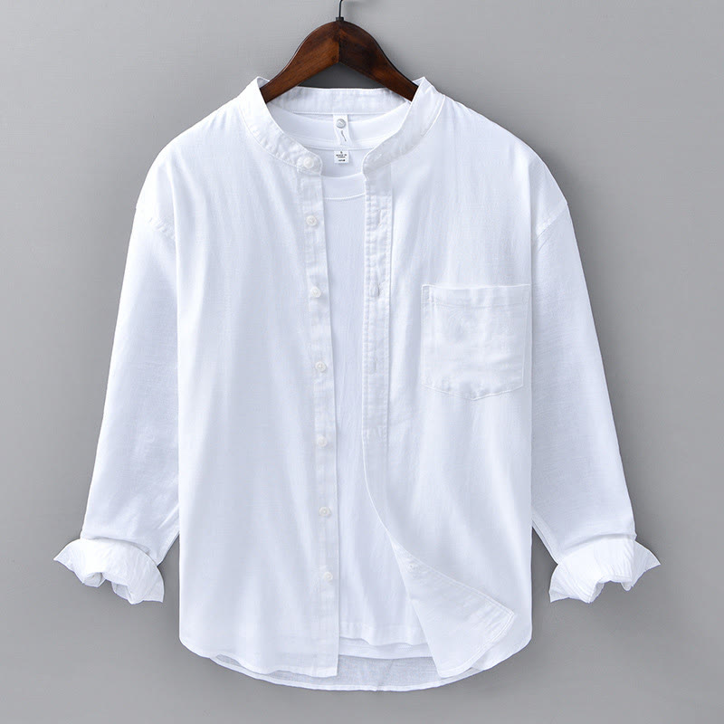 Koszula męska z długim rękawem i stójką Buddha Stones z kieszenią Pure Color Casual Cotton Linen - Biały - US/UK/AU40, EU50 (3XL) - image 5