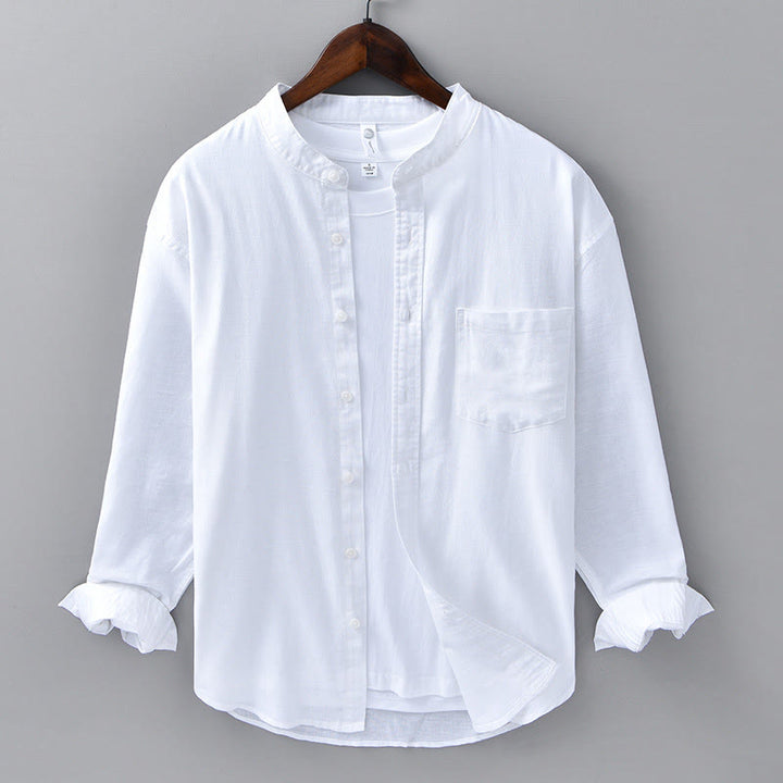 Koszula męska z długim rękawem i stójką Buddha Stones z kieszenią Pure Color Casual Cotton Linen - Biały - US/UK/AU40, EU50 (3XL) - image 6