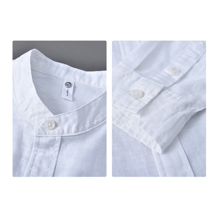 Koszula męska z długim rękawem i stójką Buddha Stones z kieszenią Pure Color Casual Cotton Linen - image 8