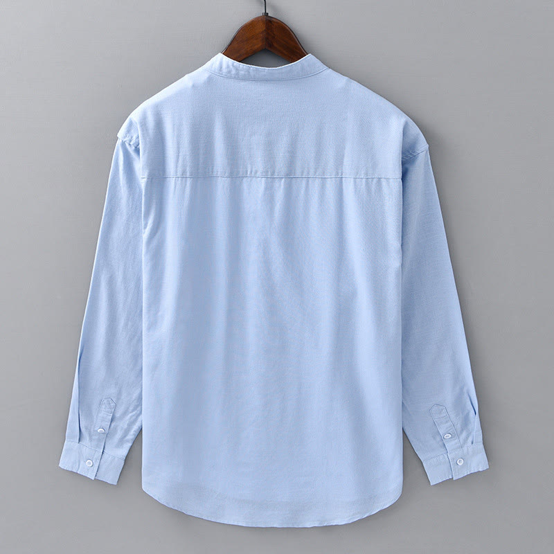 Koszula męska z długim rękawem i stójką Buddha Stones z kieszenią Pure Color Casual Cotton Linen - image 12