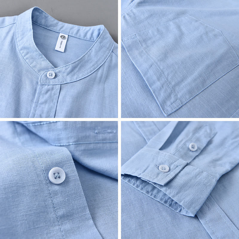 Koszula męska z długim rękawem i stójką Buddha Stones z kieszenią Pure Color Casual Cotton Linen - image 11