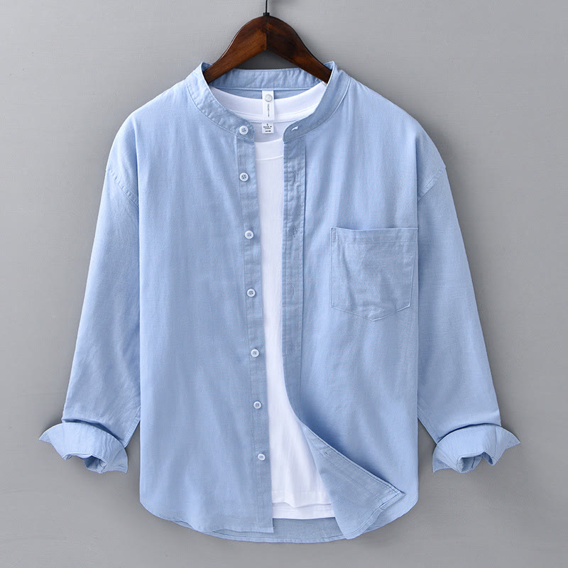 Koszula męska z długim rękawem i stójką Buddha Stones z kieszenią Pure Color Casual Cotton Linen - LightSkyBlue - US/UK/AU40, EU50 (3XL) - image 9
