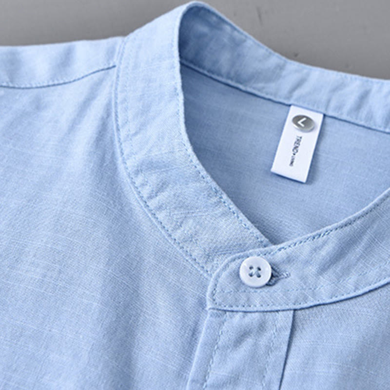 Koszula męska z długim rękawem i stójką Buddha Stones z kieszenią Pure Color Casual Cotton Linen - image 12