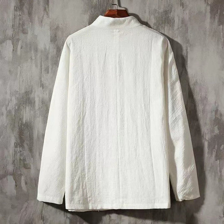 Koszula męska z długim rękawem i kołnierzykiem stójkowym Buddha Stones z żabim guzikiem i kieszenią, wygodna - image 1