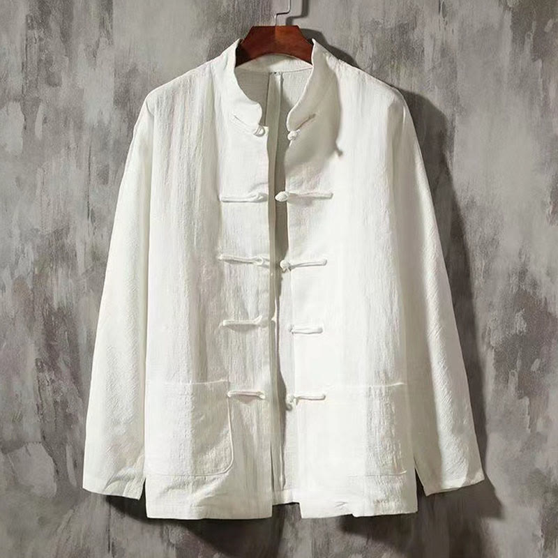 Koszula męska z długim rękawem Buddha Stones Tang z żabim guzikiem i kieszenią, stójką i wygodnym lnianym kołnierzem - Biały - US/UK/AU46， EU56 (5XL) - image 0