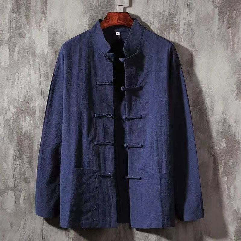 Koszula męska z długim rękawem Buddha Stones Tang z żabim guzikiem i kieszenią, stójką i wygodnym lnianym kołnierzem - MidnightBlue - US/UK/AU46， EU56 (5XL) - image 8