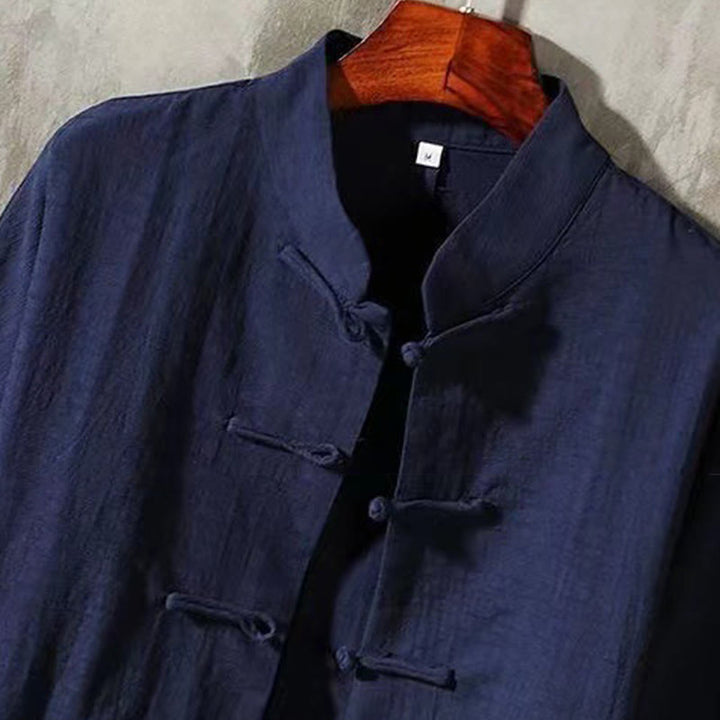 Koszula męska z długim rękawem Buddha Stones Tang z żabim guzikiem i kieszenią, stójką i wygodnym lnianym kołnierzem - image 9