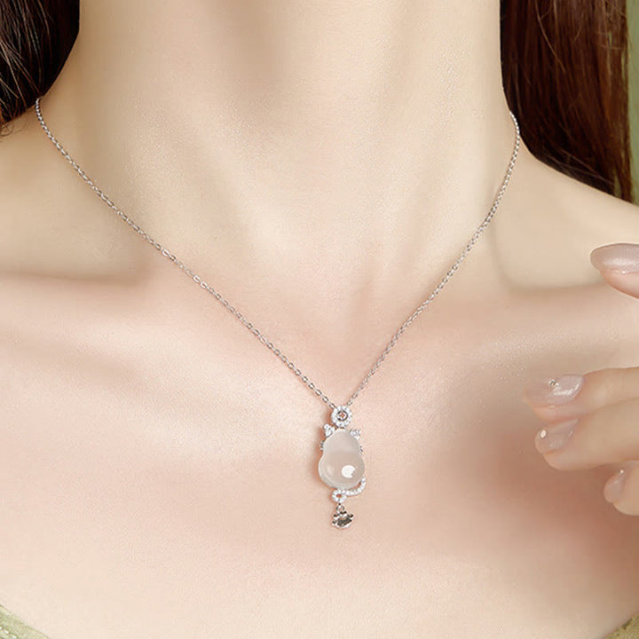 Naszyjnik z Buddha Stones ze srebra próby 925, platerowany 14-karatowym złotem, z białego jadeitu, z tykwą i ochroną kota - image 4