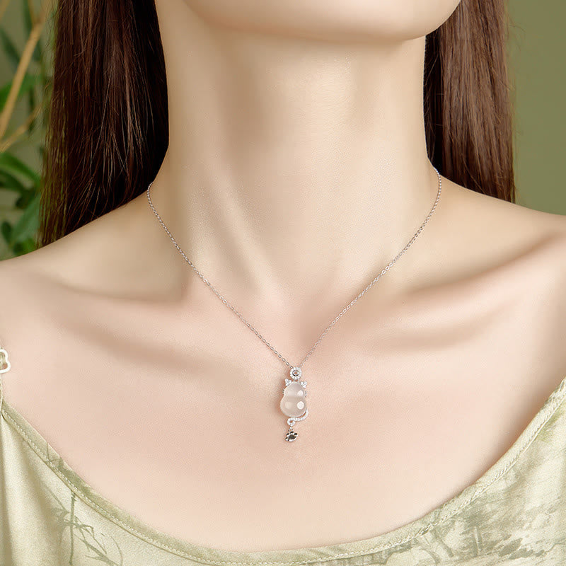 Naszyjnik z Buddha Stones ze srebra próby 925, platerowany 14-karatowym złotem, z białego jadeitu, z tykwą i ochroną kota - image 3