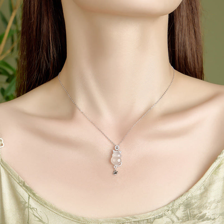 Naszyjnik z Buddha Stones ze srebra próby 925, platerowany 14-karatowym złotem, z białego jadeitu, z tykwą i ochroną kota - image 3