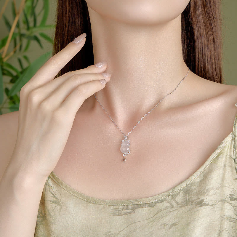 Naszyjnik z Buddha Stones ze srebra próby 925, platerowany 14-karatowym złotem, z białego jadeitu, z tykwą i ochroną kota - image 7