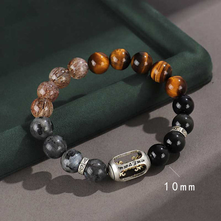 Buddha Stones 925 Srebro Sterlingowe Czarny Onyks Złoty Połysk Obsydian Skała Lawowa Tygrysie Oko Sześć Prawdziwych Słów Bransoletka Ochrony Bogactwa