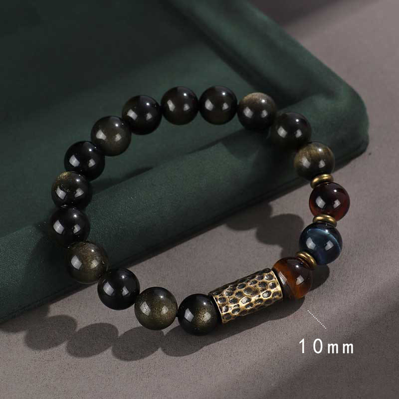 Buddha Stones 925 Srebro Sterlingowe Czarny Onyks Złoty Połysk Obsydian Skała Lawowa Tygrysie Oko Sześć Prawdziwych Słów Bransoletka Ochrony Bogactwa