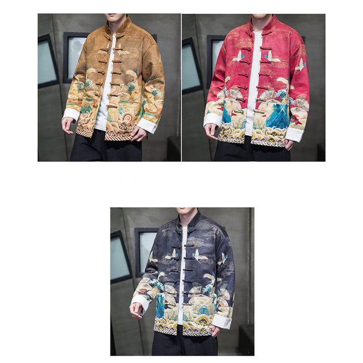 Buddha Stones -Guzik Chiński Strój Tang Żurawia Postać Długa Koszula Bawełniana Zamszowa Kurtka Męska Odzież - image 28