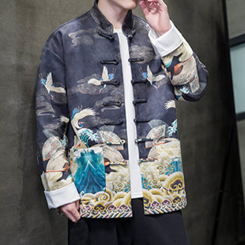Buddha Stones -Guzik Chiński Strój Tang Żurawia Postać Długa Koszula Bawełniana Zamszowa Kurtka Męska Odzież - image 11
