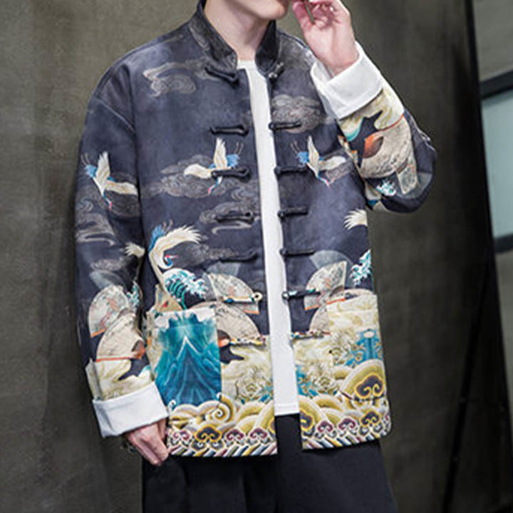 Buddha Stones -Guzik Chiński Strój Tang Żurawia Postać Długa Koszula Bawełniana Zamszowa Kurtka Męska Odzież - image 11
