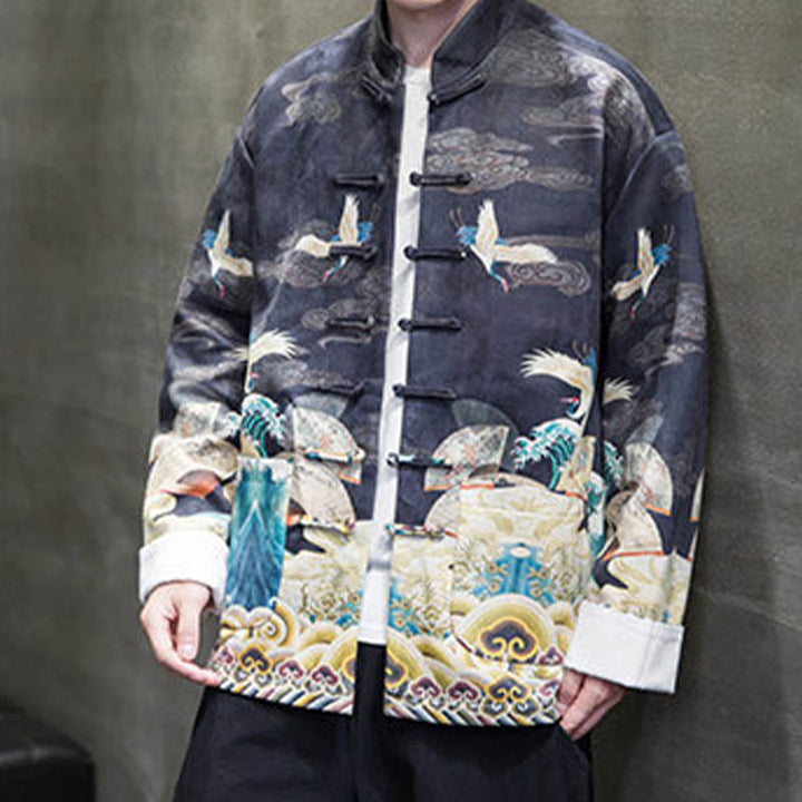 Buddha Stones -Guzik Chiński Strój Tang Żurawia Postać Długa Koszula Bawełniana Zamszowa Kurtka Męska Odzież - image 9