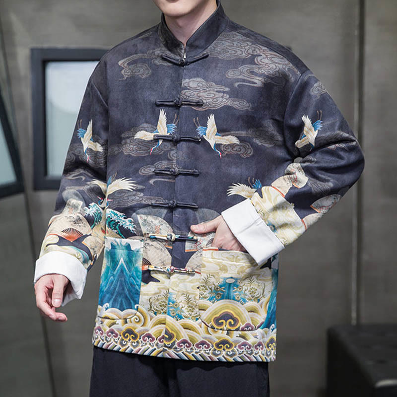 Buddha Stones -Guzik Chiński Strój Tang Żurawia Postać Długa Koszula Bawełniana Zamszowa Kurtka Męska Odzież - image 12