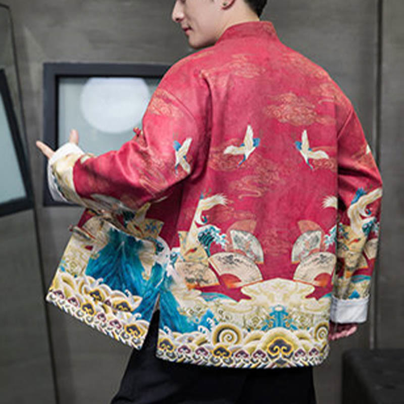 Buddha Stones -Guzik Chiński Strój Tang Żurawia Postać Długa Koszula Bawełniana Zamszowa Kurtka Męska Odzież - image 18