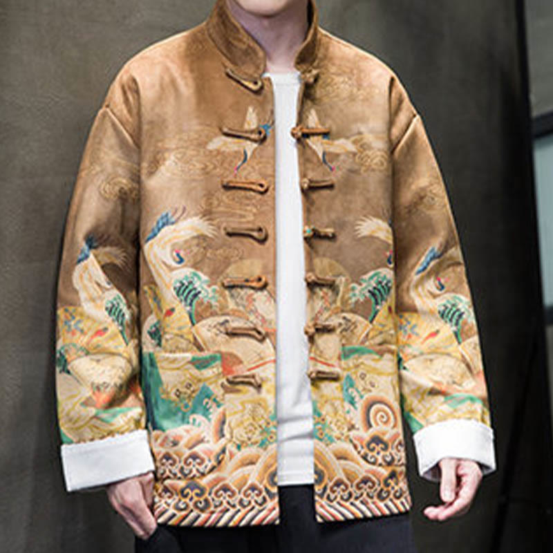 Buddha Stones -Guzik Chiński Strój Tang Żurawia Postać Długa Koszula Bawełniana Zamszowa Kurtka Męska Odzież - image 7