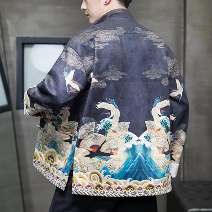 Buddha Stones -Guzik Chiński Strój Tang Żurawia Postać Długa Koszula Bawełniana Zamszowa Kurtka Męska Odzież - image 10