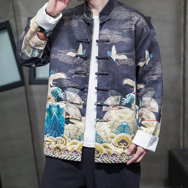 Buddha Stones -Guzik Chiński Strój Tang Żurawia Postać Długa Koszula Bawełniana Zamszowa Kurtka Męska Odzież - MidnightBlue - US/UK/AU46， EU56 (5XL) - image 8