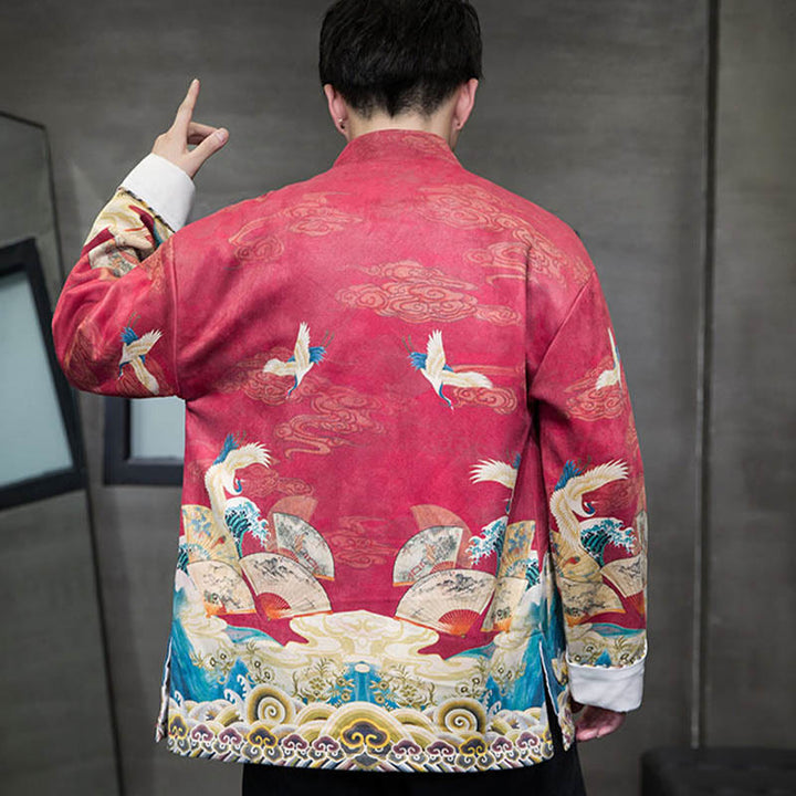 Buddha Stones -Guzik Chiński Strój Tang Żurawia Postać Długa Koszula Bawełniana Zamszowa Kurtka Męska Odzież - image 19