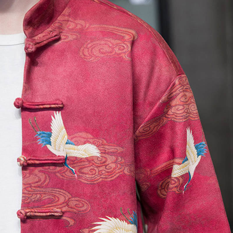 Buddha Stones -Guzik Chiński Strój Tang Żurawia Postać Długa Koszula Bawełniana Zamszowa Kurtka Męska Odzież - image 24