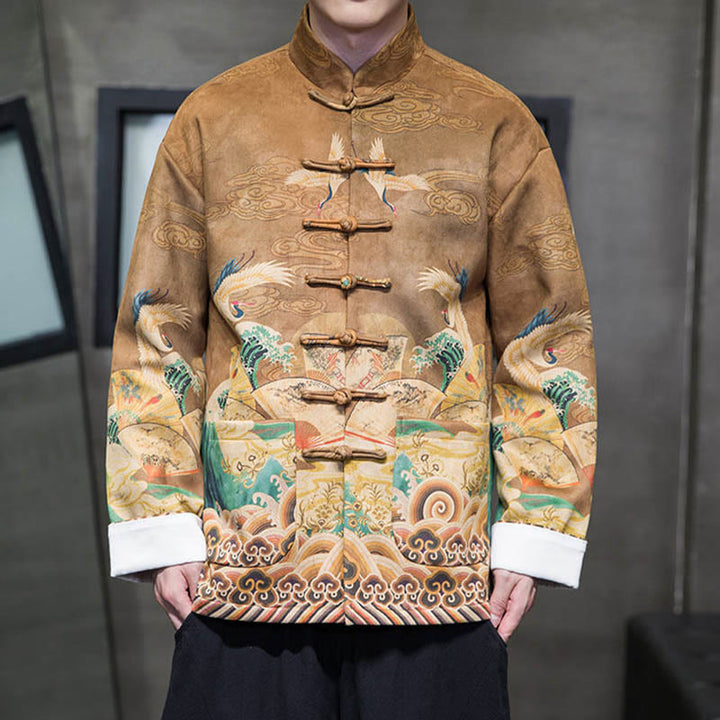 Buddha Stones -Guzik Chiński Strój Tang Żurawia Postać Długa Koszula Bawełniana Zamszowa Kurtka Męska Odzież - image 4