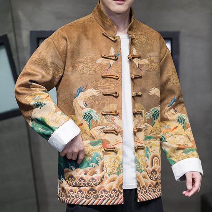 Buddha Stones -Guzik Chiński Strój Tang Żurawia Postać Długa Koszula Bawełniana Zamszowa Kurtka Męska Odzież - image 6