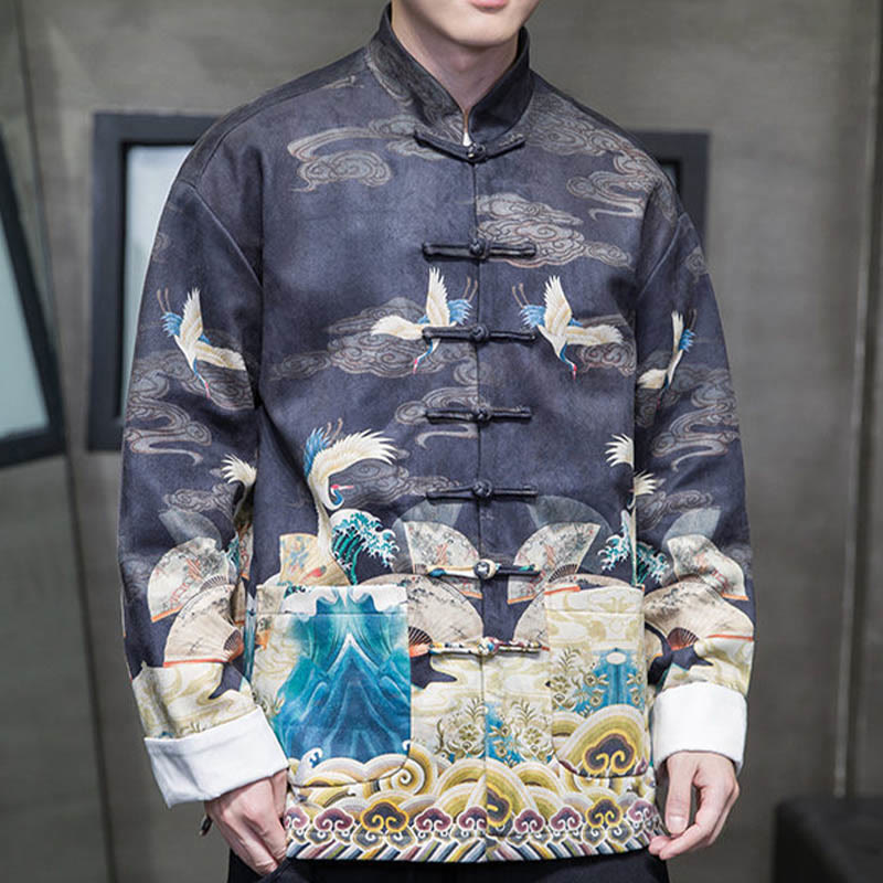 Buddha Stones -Guzik Chiński Strój Tang Żurawia Postać Długa Koszula Bawełniana Zamszowa Kurtka Męska Odzież - image 14