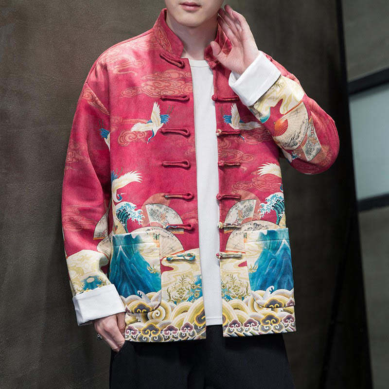 Buddha Stones -Guzik Chiński Strój Tang Żurawia Postać Długa Koszula Bawełniana Zamszowa Kurtka Męska Odzież - Karmazynowy - US/UK/AU46， EU56 (5XL) - image 16