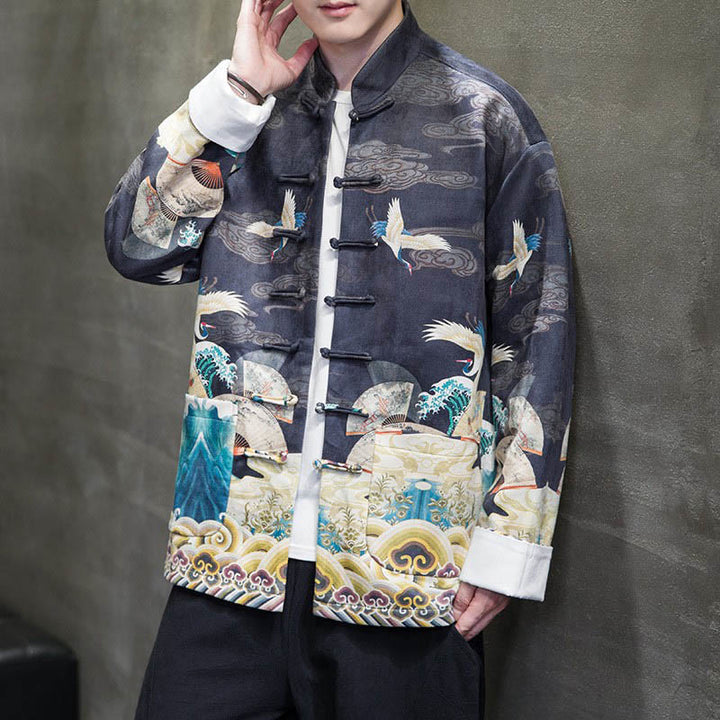 Buddha Stones -Guzik Chiński Strój Tang Żurawia Postać Długa Koszula Bawełniana Zamszowa Kurtka Męska Odzież - image 15