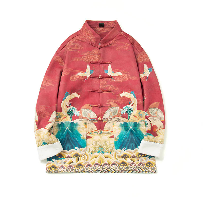 Buddha Stones -Guzik Chiński Strój Tang Żurawia Postać Długa Koszula Bawełniana Zamszowa Kurtka Męska Odzież - image 27