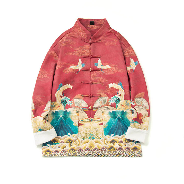 Buddha Stones -Guzik Chiński Strój Tang Żurawia Postać Długa Koszula Bawełniana Zamszowa Kurtka Męska Odzież - image 27