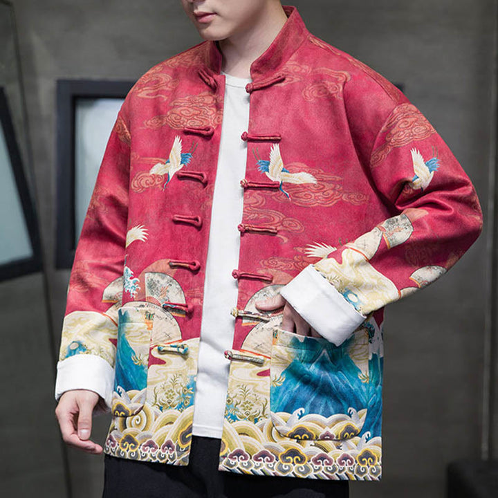Buddha Stones -Guzik Chiński Strój Tang Żurawia Postać Długa Koszula Bawełniana Zamszowa Kurtka Męska Odzież - image 20