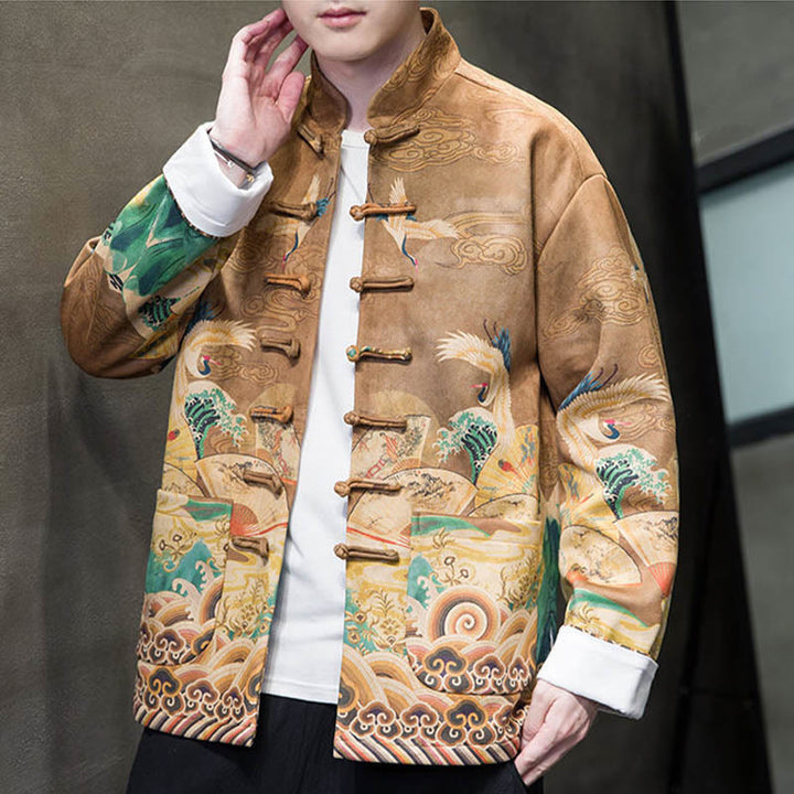 Buddha Stones -Guzik Chiński Strój Tang Żurawia Postać Długa Koszula Bawełniana Zamszowa Kurtka Męska Odzież - image 1