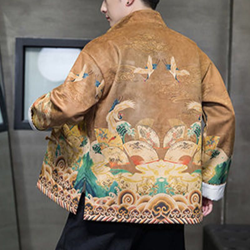 Buddha Stones -Guzik Chiński Strój Tang Żurawia Postać Długa Koszula Bawełniana Zamszowa Kurtka Męska Odzież - image 2