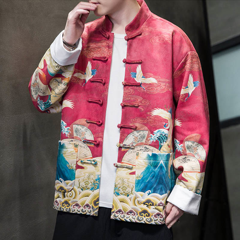 Buddha Stones -Guzik Chiński Strój Tang Żurawia Postać Długa Koszula Bawełniana Zamszowa Kurtka Męska Odzież - image 17