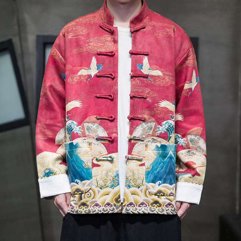 Buddha Stones -Guzik Chiński Strój Tang Żurawia Postać Długa Koszula Bawełniana Zamszowa Kurtka Męska Odzież - image 21