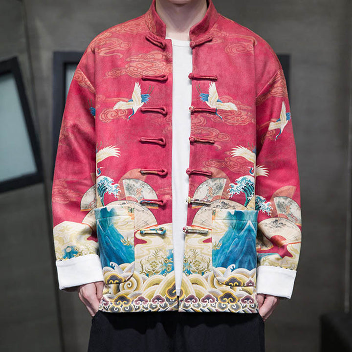 Buddha Stones -Guzik Chiński Strój Tang Żurawia Postać Długa Koszula Bawełniana Zamszowa Kurtka Męska Odzież - image 21