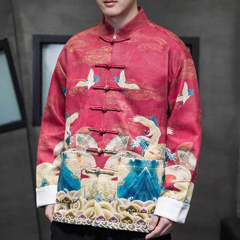 Buddha Stones -Guzik Chiński Strój Tang Żurawia Postać Długa Koszula Bawełniana Zamszowa Kurtka Męska Odzież - image 22