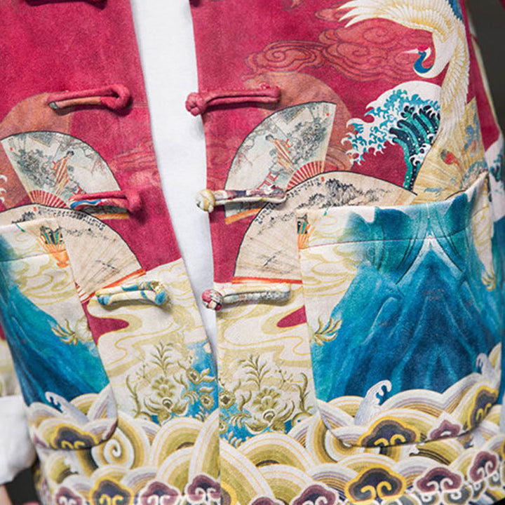 Buddha Stones -Guzik Chiński Strój Tang Żurawia Postać Długa Koszula Bawełniana Zamszowa Kurtka Męska Odzież - image 25