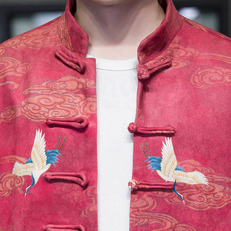 Buddha Stones -Guzik Chiński Strój Tang Żurawia Postać Długa Koszula Bawełniana Zamszowa Kurtka Męska Odzież - image 23