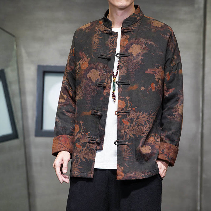 Buddha Stones -Guzik Chiński Tang Suit Długa Koszula Bawełniana Męska Kurtka Odzież - Czarny - US/UK/AU46， EU56 (5XL) - image 0